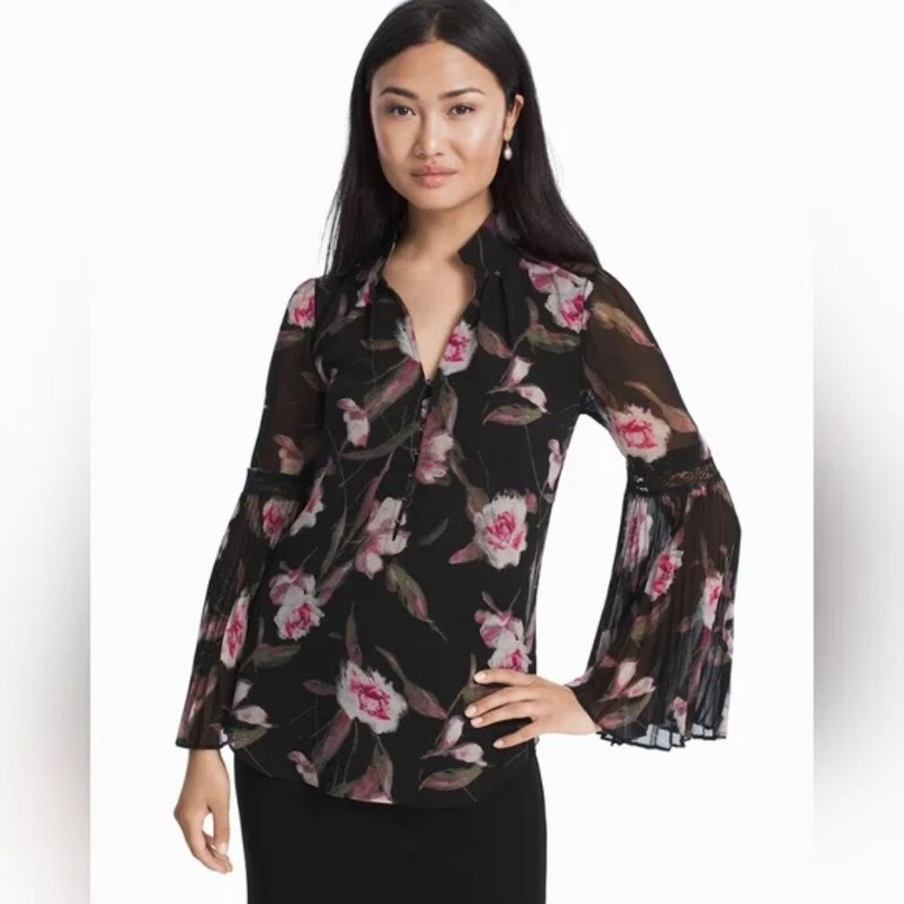 NEW! White House Black Market Gabrielle Print Blouse Floral Pleated Bell Sleeves